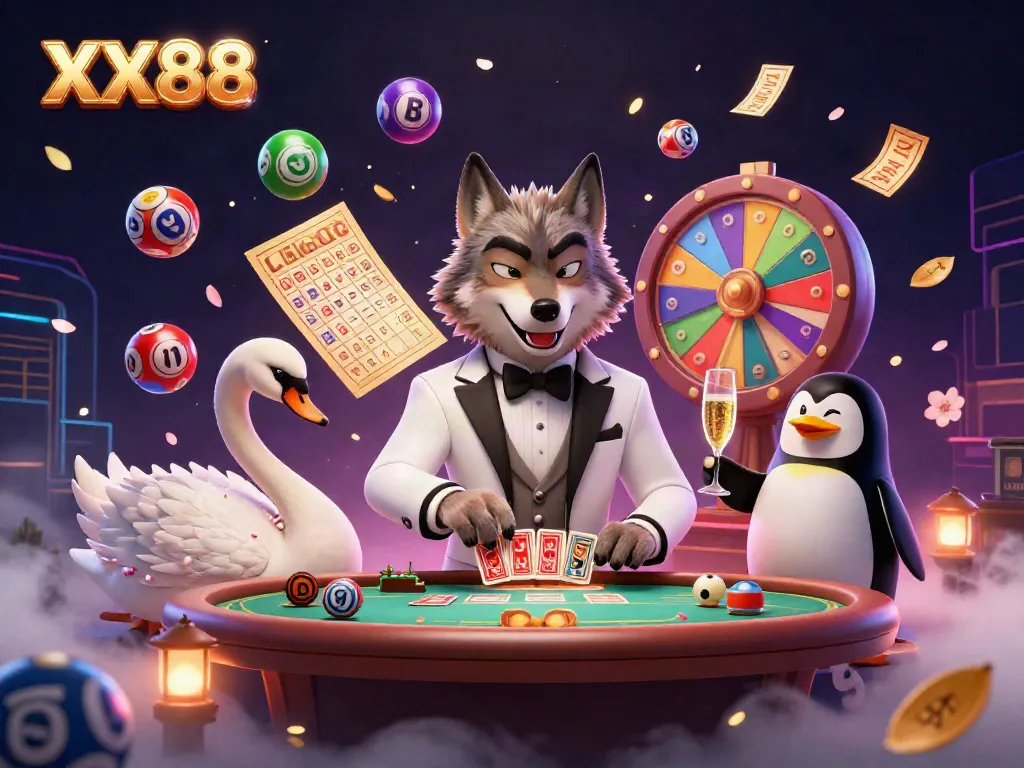 Experience the thrill of XX88 gaming with a lively baccarat scene featuring a debonair wolf and elegant characters.
