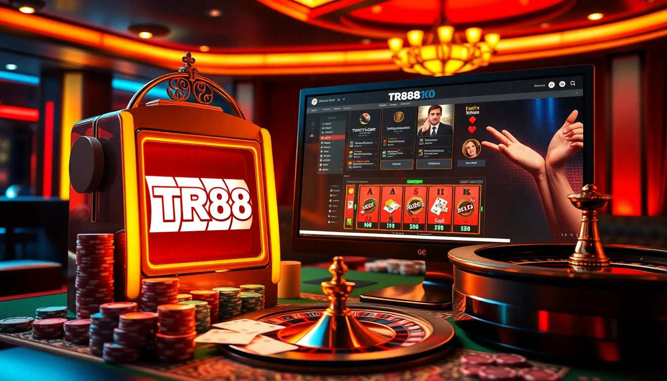 Exciting slot machine with TR88 link in a luxurious casino setting, highlighting online gambling elements.