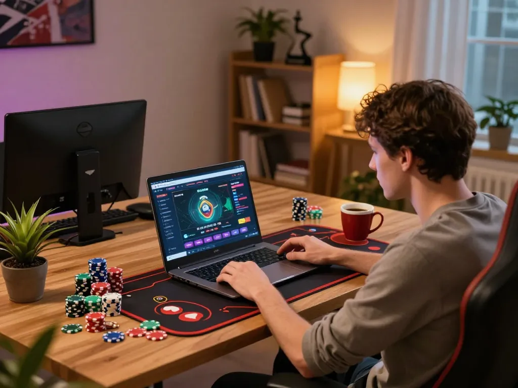 Player engaged in strategic gameplay on KKWIN gaming platform, surrounded by a cozy home setup with casino paraphernalia.