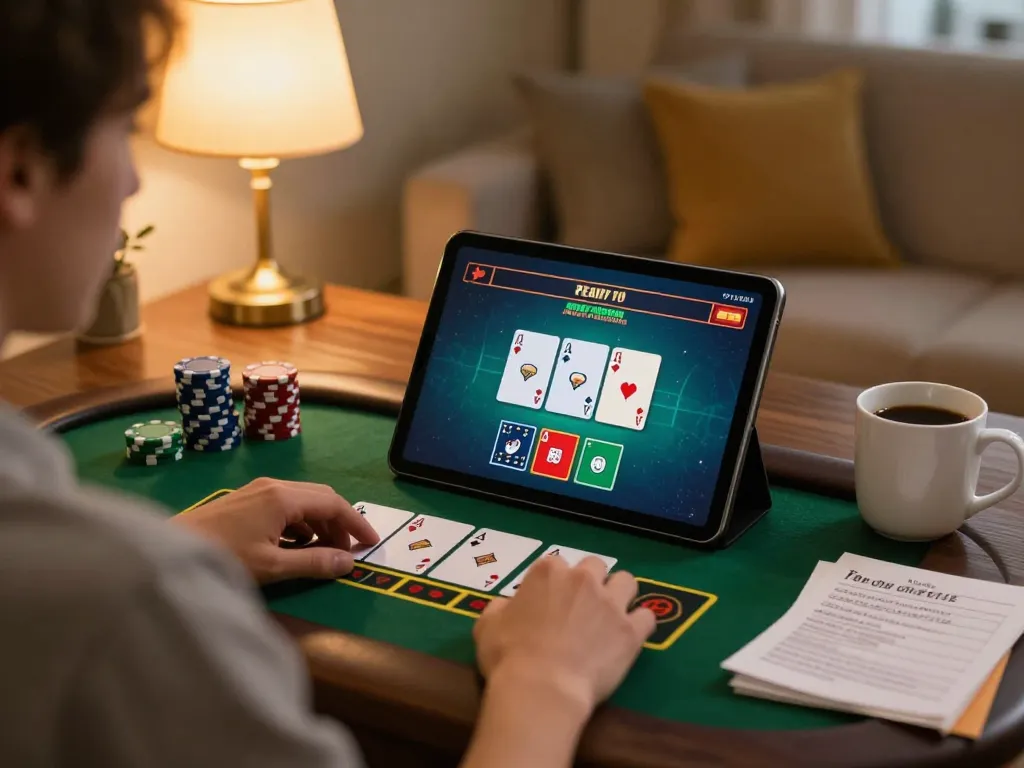 Player enjoying blackjack on a tablet showcasing XO88, surrounded by betting notes and coffee in a cozy room.