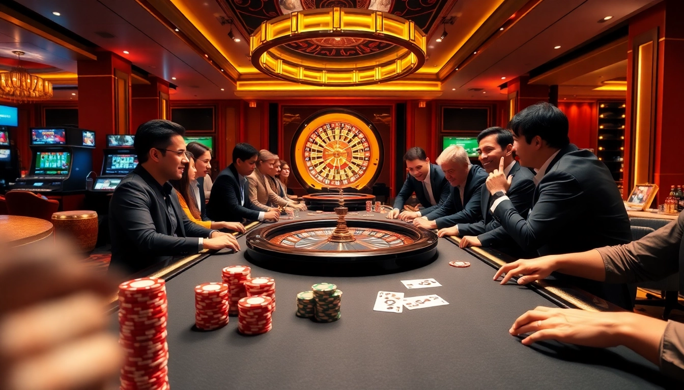 Exciting scene showcasing Nhà Cái RR88, featuring poker chips and players at a modern casino table.