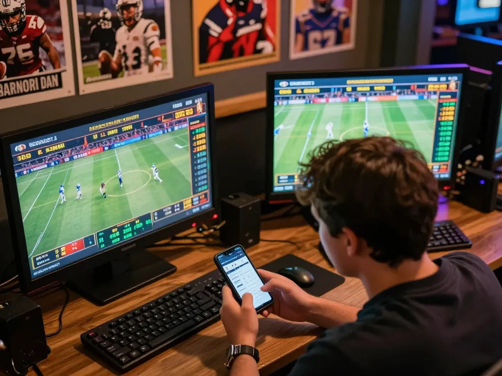 Engaged sports bettor using gi8 app on smartphone in lively betting environment.