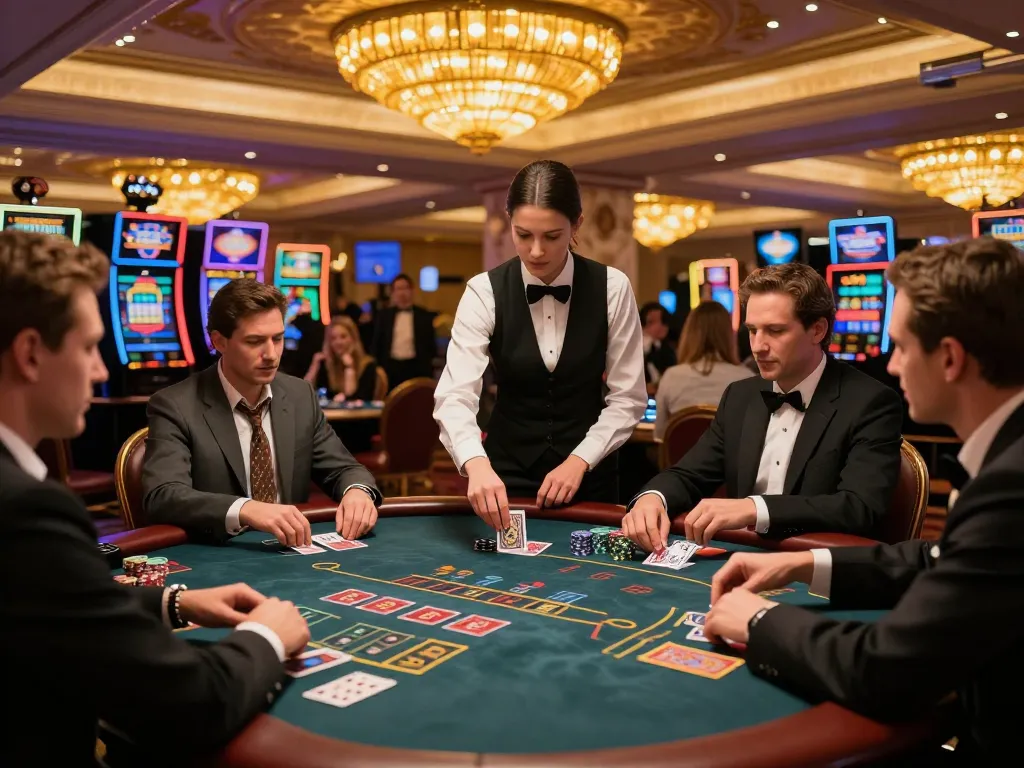 f168 players enjoying a thrilling blackjack game at an upscale casino with vibrant ambiance