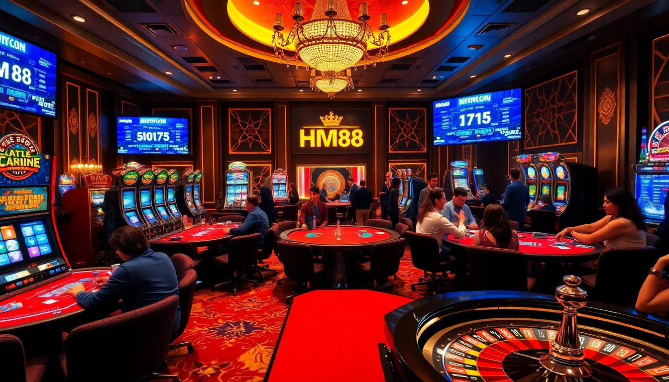 Engage in high-stakes gambling with HM88 in a luxurious casino setting, featuring vibrant tables and slot machines.