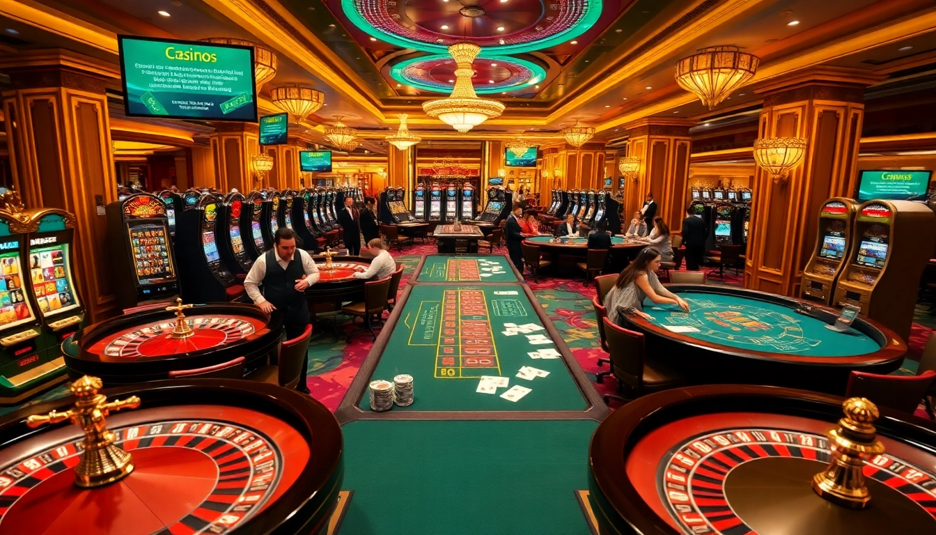 Exciting scene of MV88 casino gameplay with luxurious tables, vibrant slot machines, and engaged players.