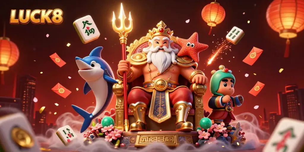 Engage in thrilling adventures with LUCK8 as Neptune and characters enhance casino excitement in stunning 3D art.