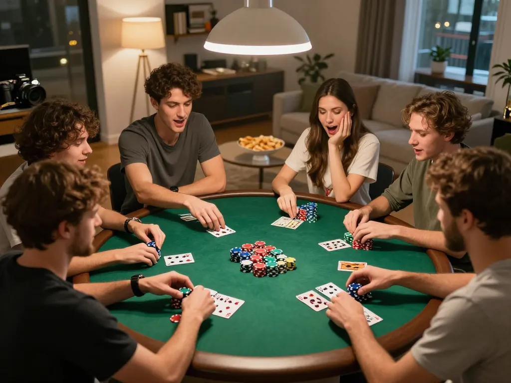 Engaged friends playing poker at home with the lively vibe showcasing Nhà cái Ga28 atmosphere and social gambling.