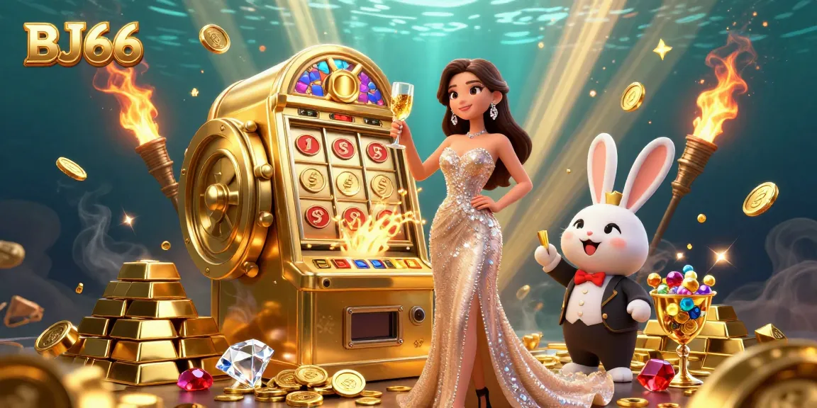 Experience dynamic gaming moments with BJ66's glamorous jackpot slot scene showcasing a stunning woman and golden treasures.