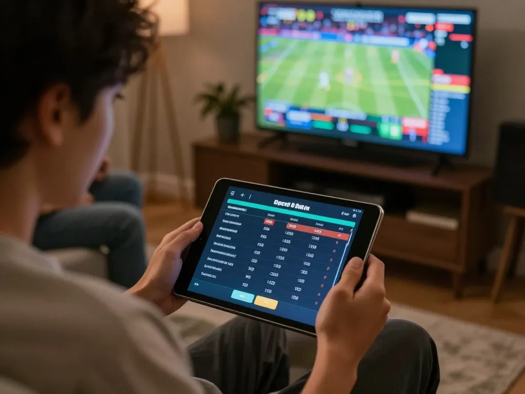 Engaging sports betting at open88 com, person using tablet for real-time game predictions and analysis.