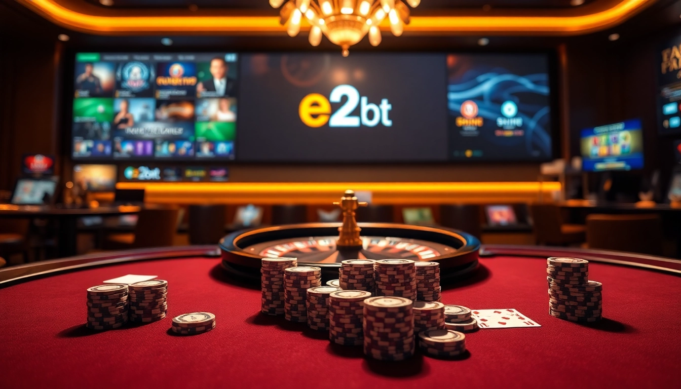 Experience thrilling gameplay at e2bet with poker chips and roulette wheels in a luxurious casino.