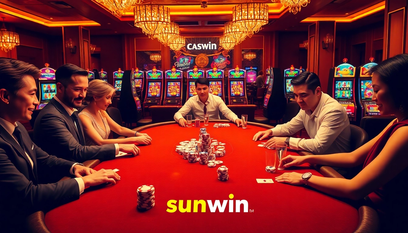 Engaging poker action at a sunwin casino table filled with vibrant chips and cards.