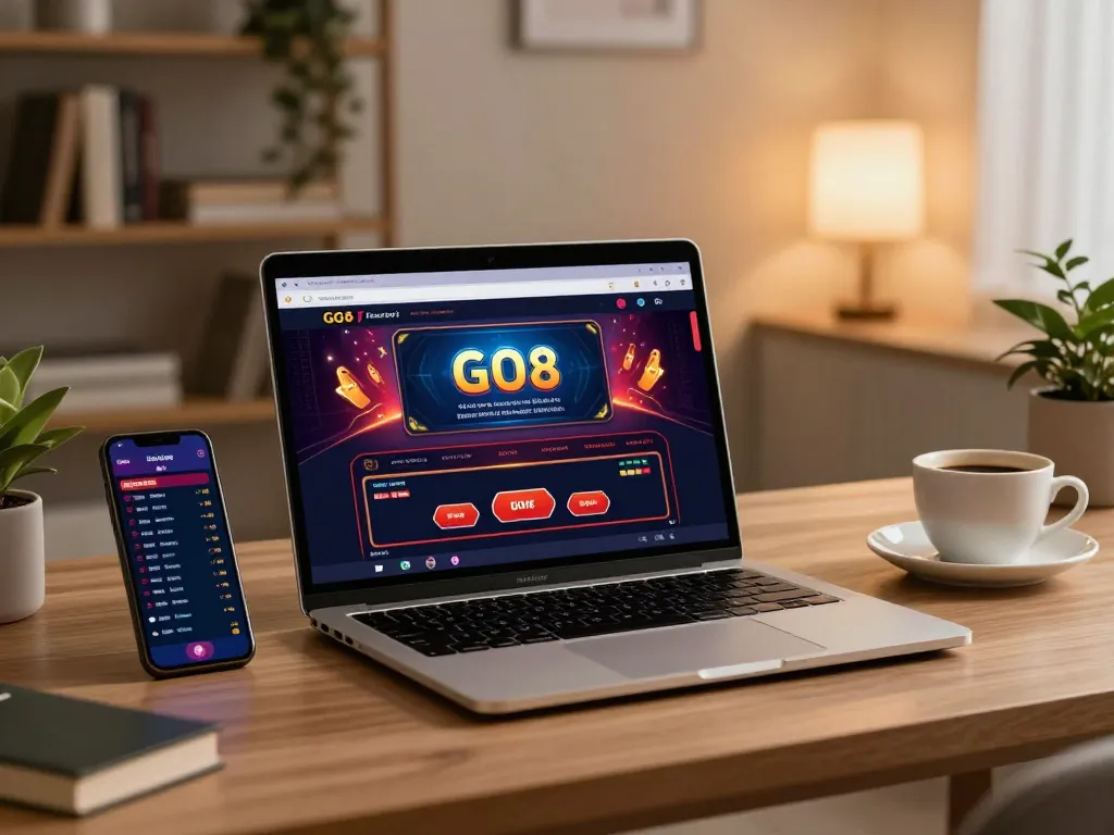 Engaging in GO8 online gaming with a laptop showcasing vibrant casino graphics and smartphone live betting.