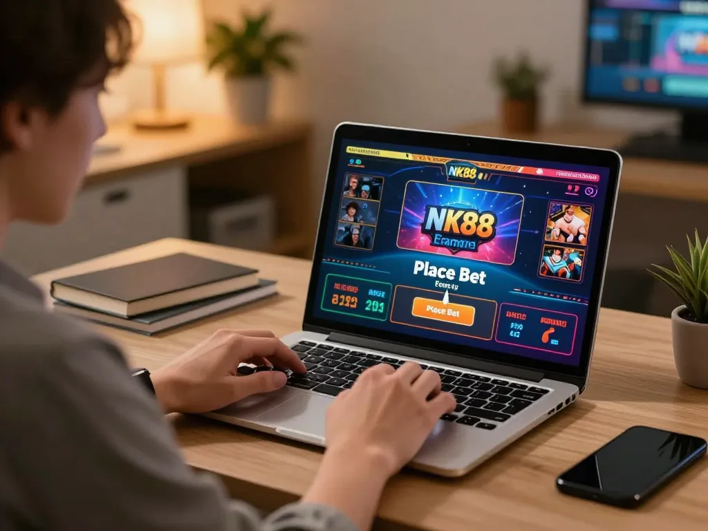 Engaging online gaming moment with NK88 casino app on laptop, showcasing betting excitement.