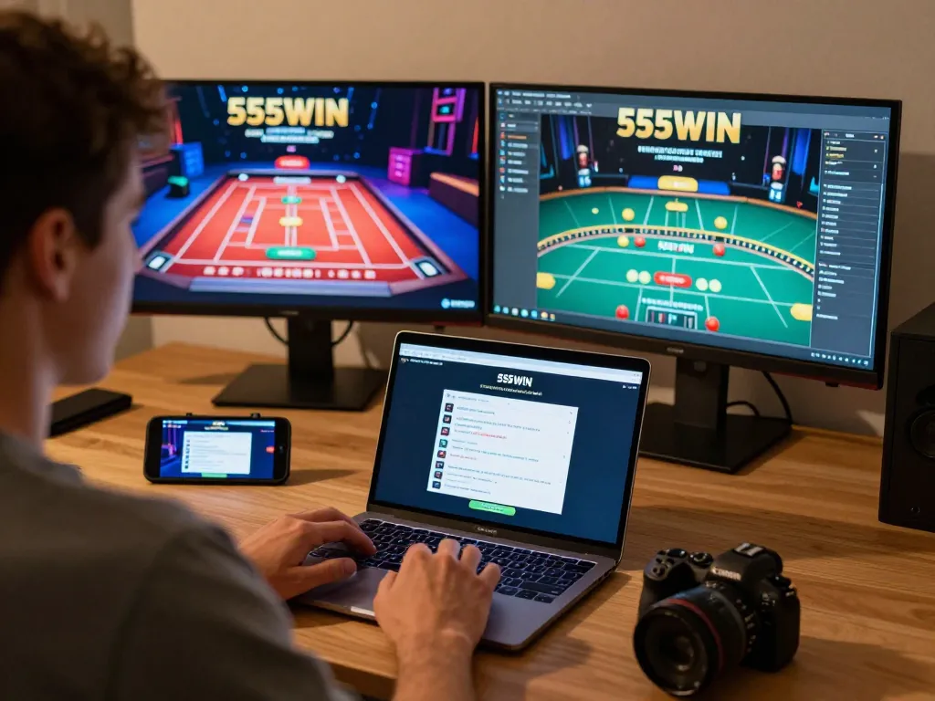 Engaged player strategizing on 555WIN online gaming platform with modern setup.