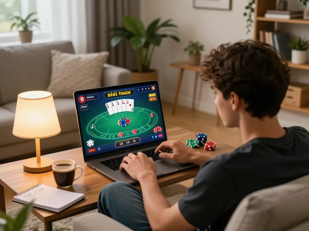 Mobile gaming scene featuring a player enjoying Game bài đổi thưởng on a tablet with cozy home elements.
