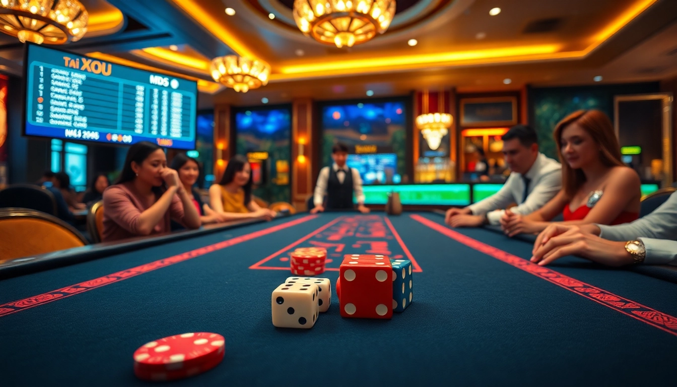 Engage with Tài Xỉu MD5 at a luxurious casino table featuring vibrant dice and chips.