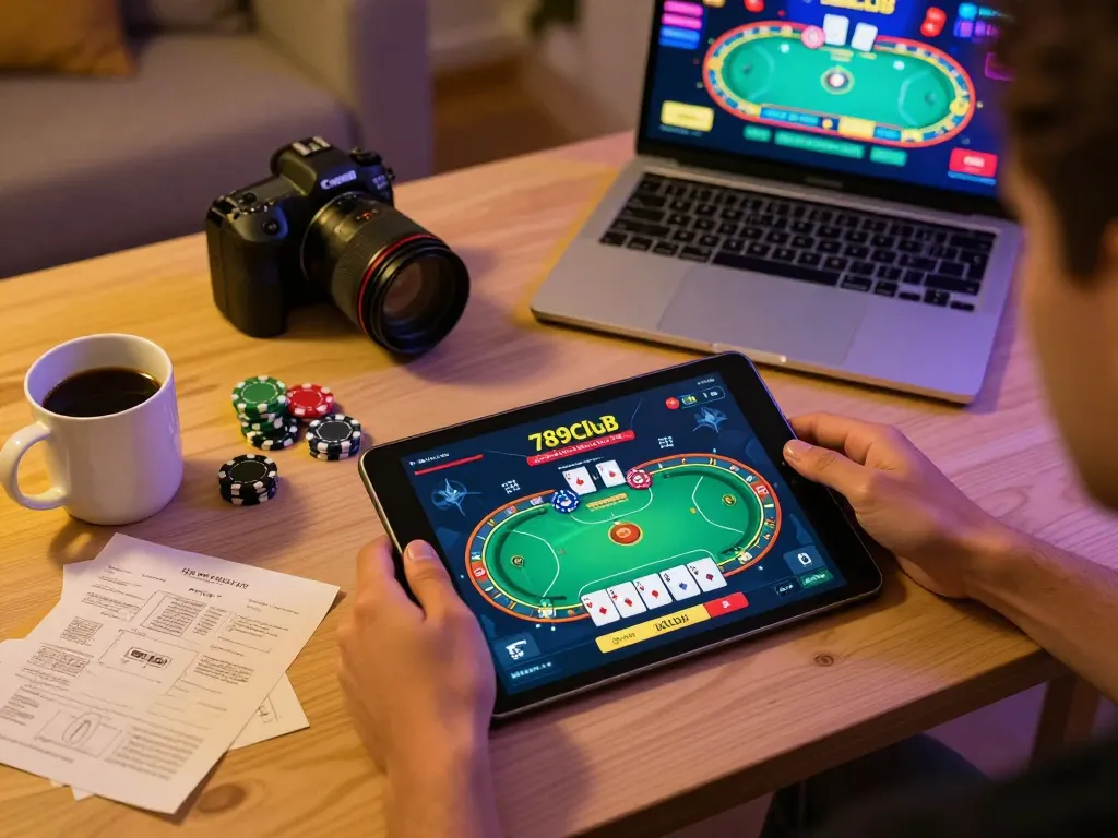 Player engaging with 789club poker app during a cozy home gaming setup with vibrant atmosphere.