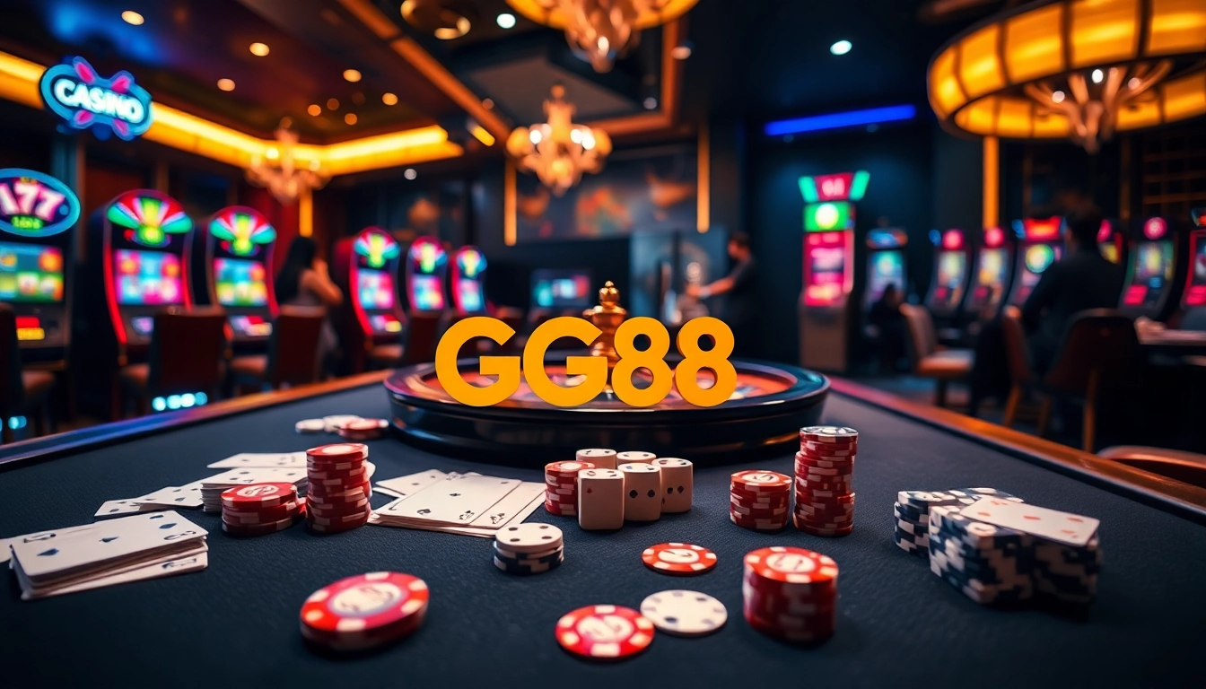 GG88 casino scene featuring poker chips and cards, exuding luxury and excitement.