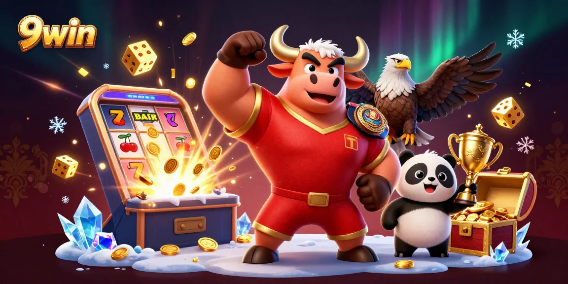 Experience the excitement of 9win with a victorious bull, eagle, and panda amidst a jackpot explosion.