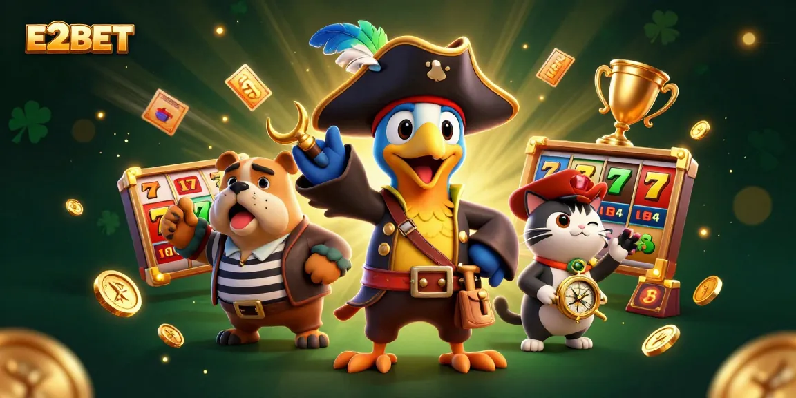 E2BET slots scene with a pirate captain, bulldog, and cat amidst dynamic jackpot elements.