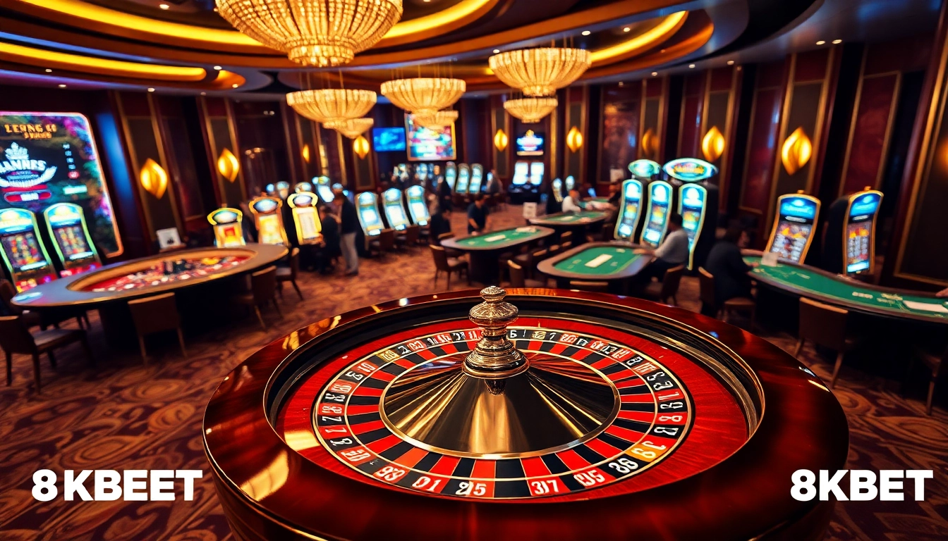 Experience premium gaming at 8KBET casino with thrilling roulette tables and vibrant decor.
