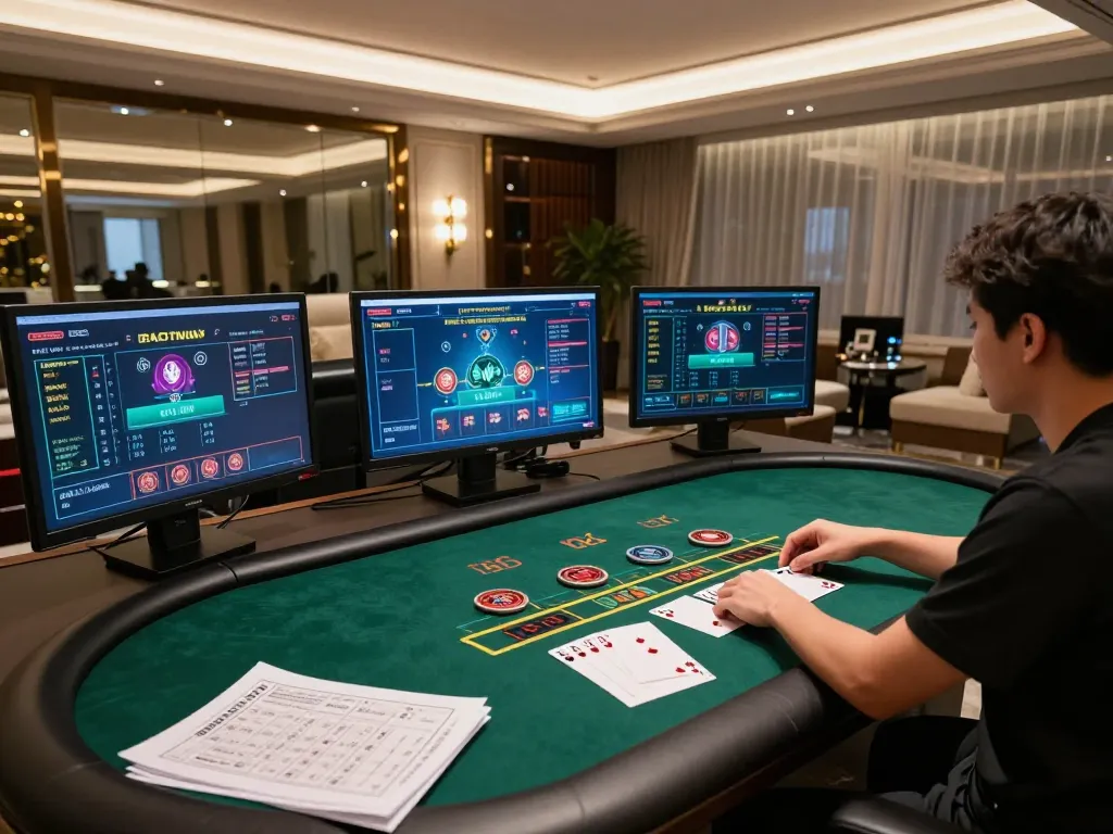 Player engaging with live dealer blackjack on alo8 with multiple screens showcasing gameplay and strategy notes.