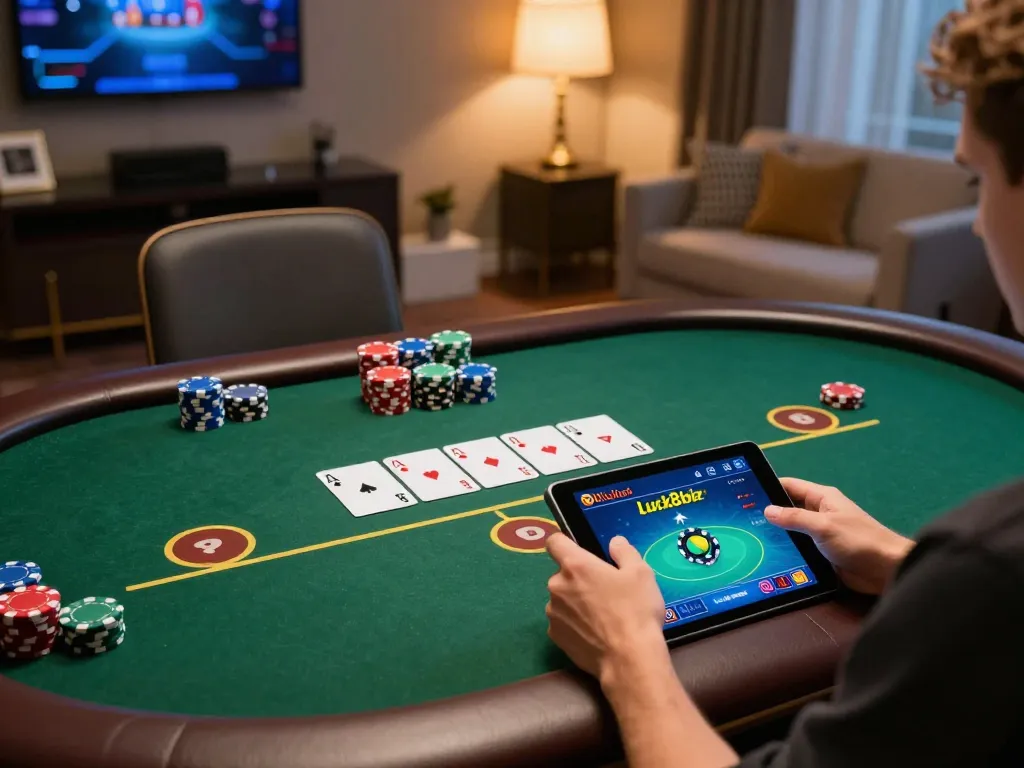 Player enjoying poker online at home using Luck8biz tablet interface.