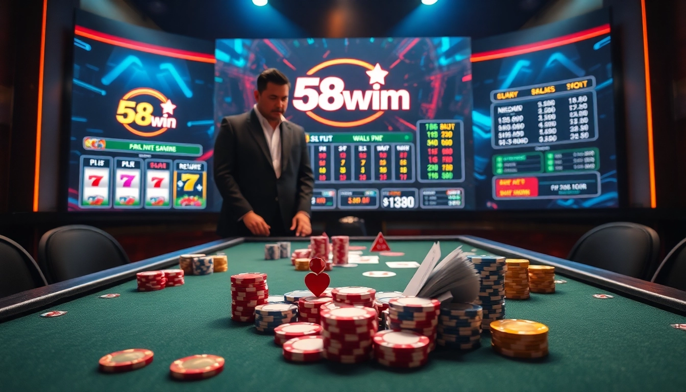 Experience the thrill of 58win bet with engaging casino visuals featuring vibrant games and luxurious setups.