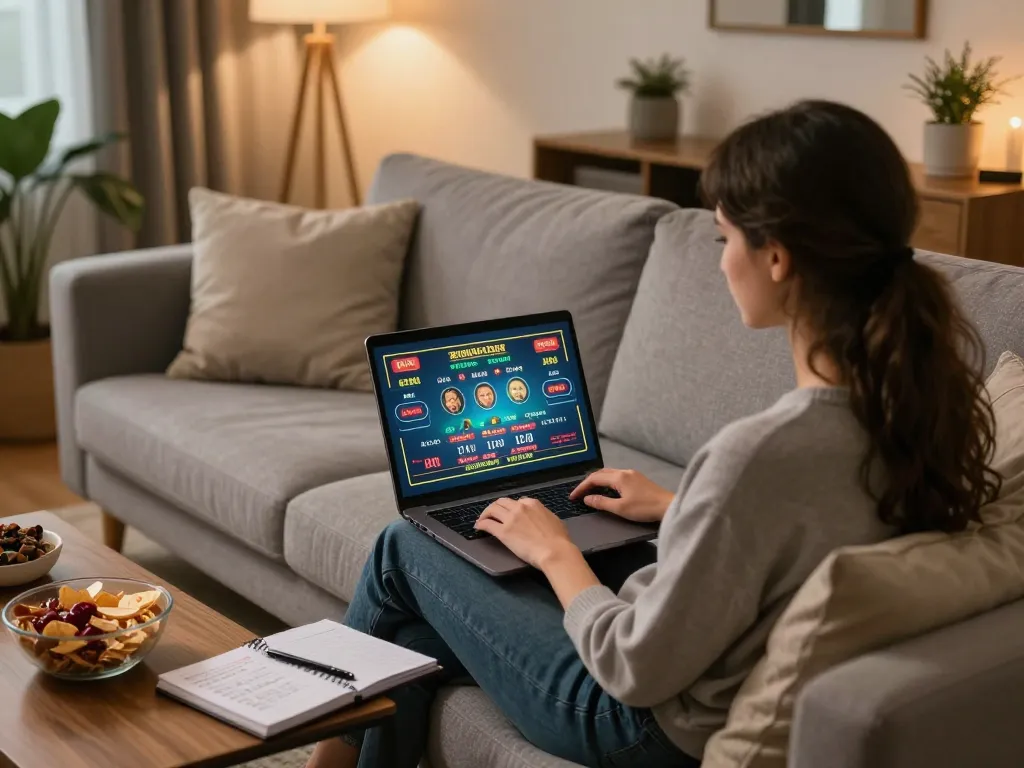 TG88 user engaging in online casino gameplay from a cozy home environment with warm lighting and strategic notes.