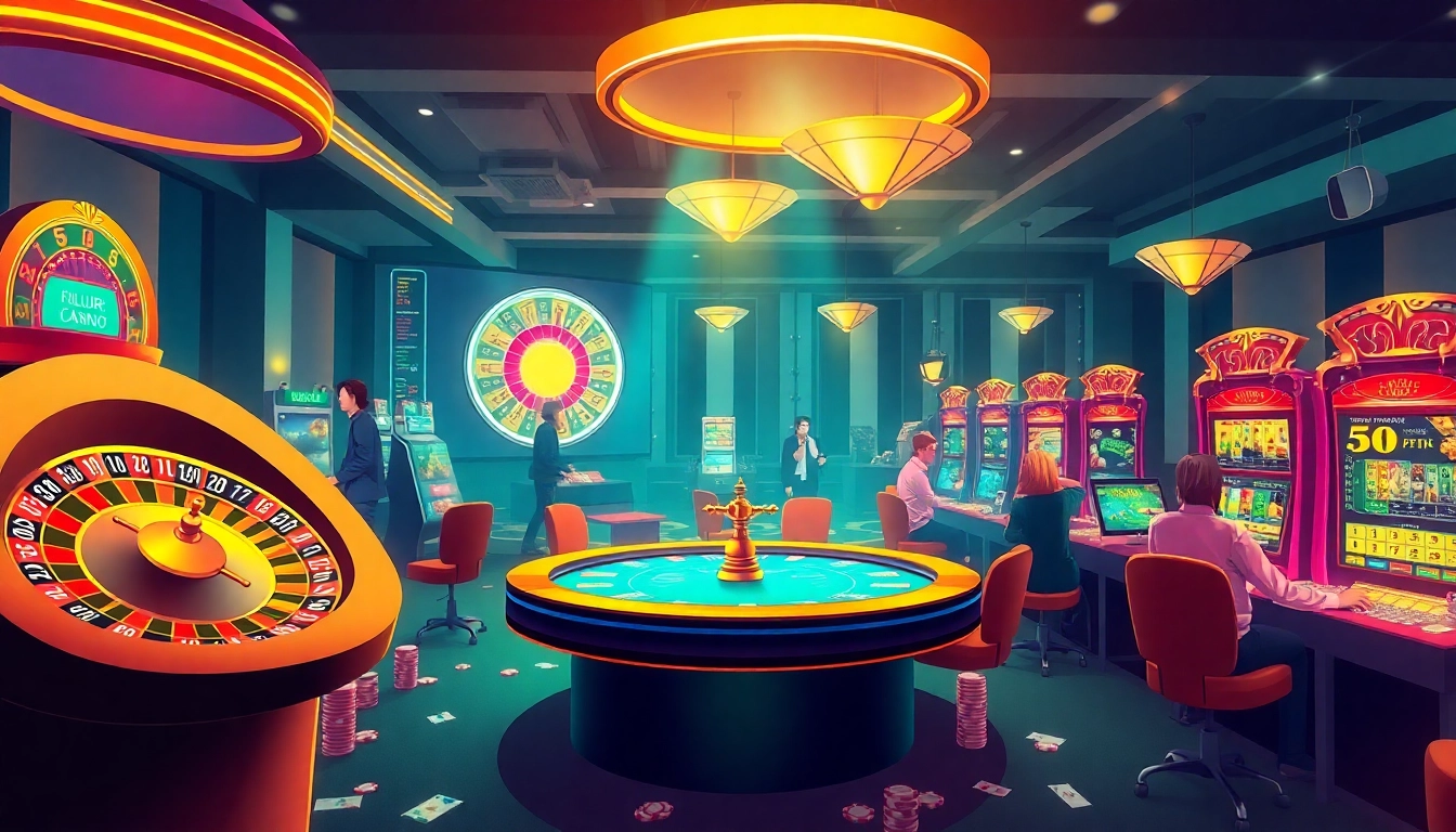 Exciting online gambling scene at Hay88 com, showcasing roulette wheels and slot machines.