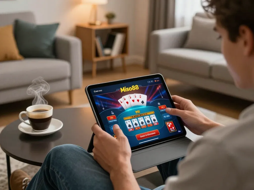 Miso88 player enjoying an exciting online gaming experience at home with tablet and poker cards.