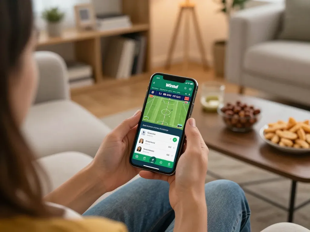 Person enjoying online sports betting with the Winbd app on a cozy couch setting