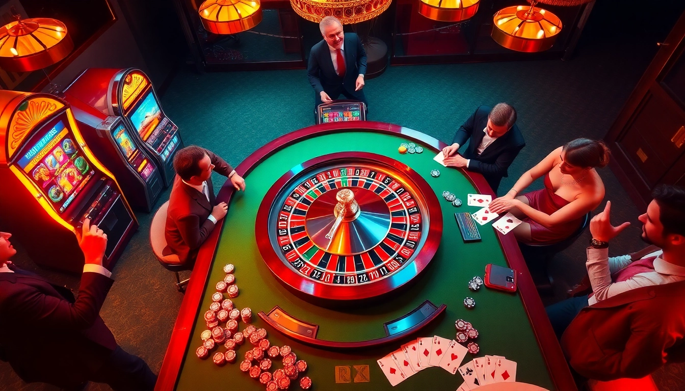 Players strategizing their bets at Luckywin's exciting casino tables with vibrant slot machines and roulette wheel.