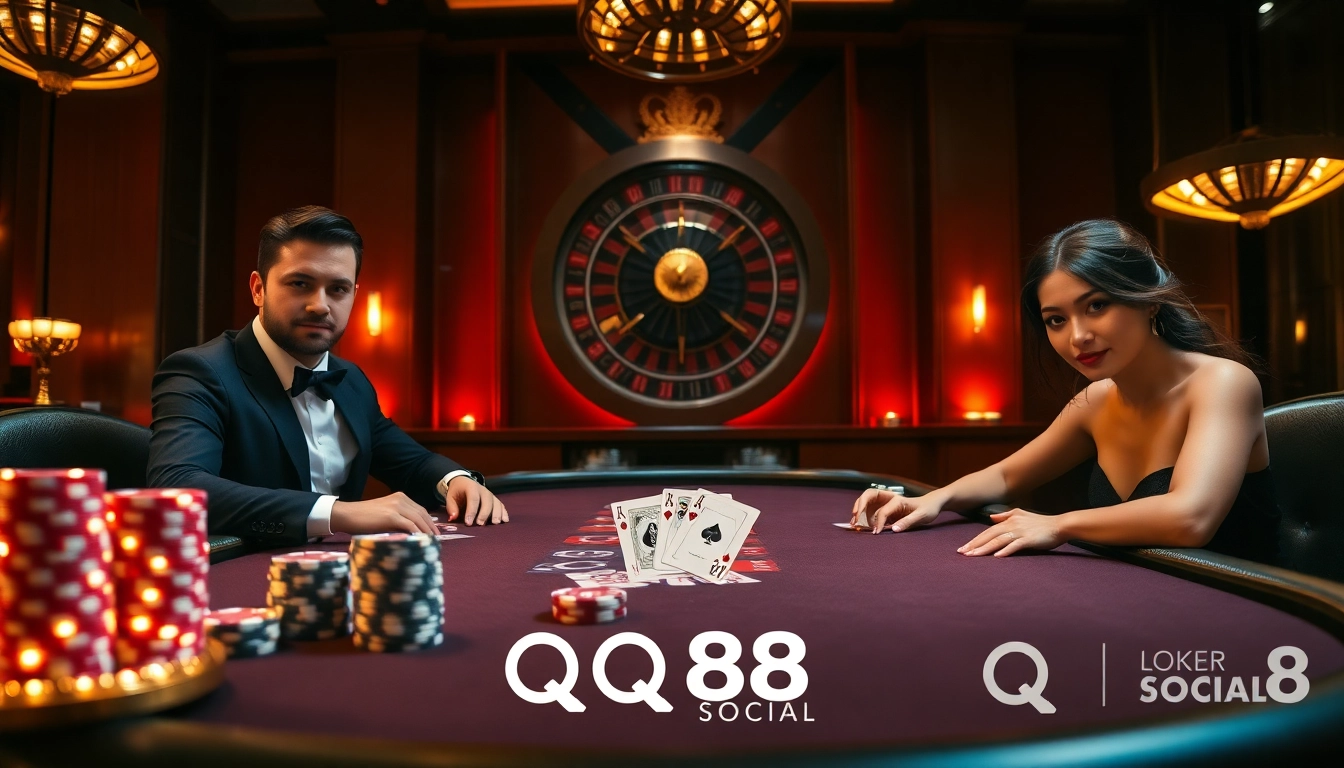 Experience high-stakes action at QQ88 Social casino games with poker chips and glamorous players.