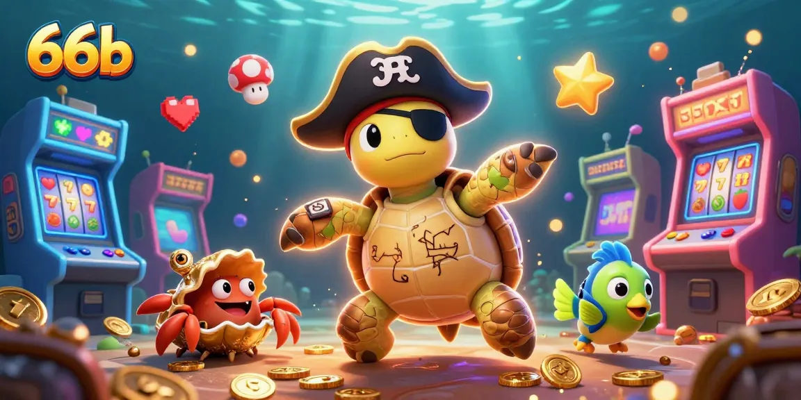 66b showcases a colorful 3D scene with pirate turtle and friends around slot machines