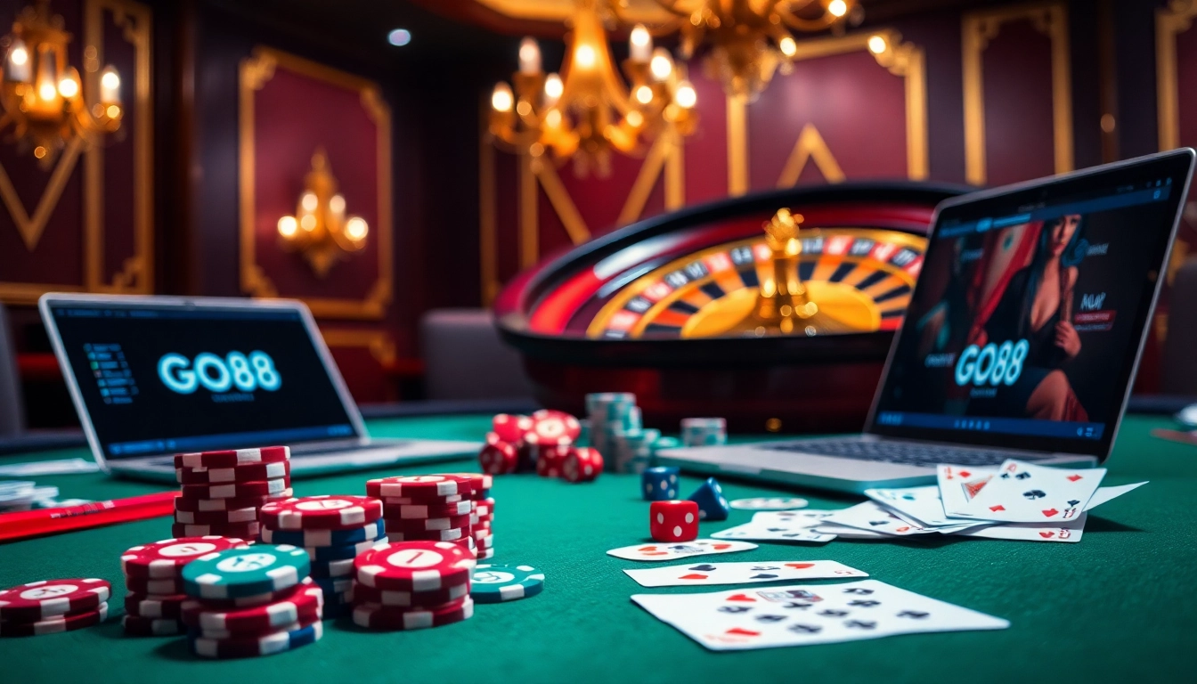Experience thrilling moments at GO88 casino with gaming tables, vibrant chips, and online betting excitement.