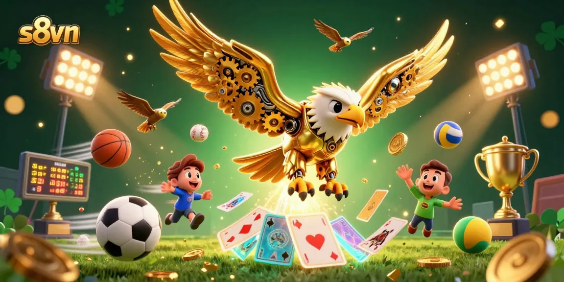 s8vn elevates your play with a dynamic scene of sports balls and a cybernetic eagle in action.