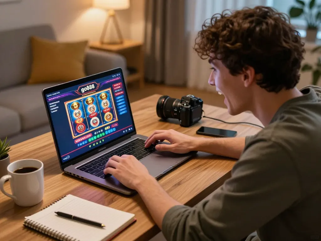 Engage in thrilling go88 gaming at home with a laptop displaying vibrant casino games.