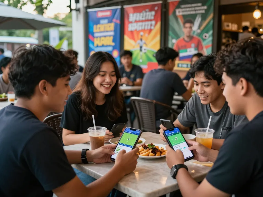 Exciting kèo nhà cái discussion at a lively café with friends, showing live betting apps and sports excitement.