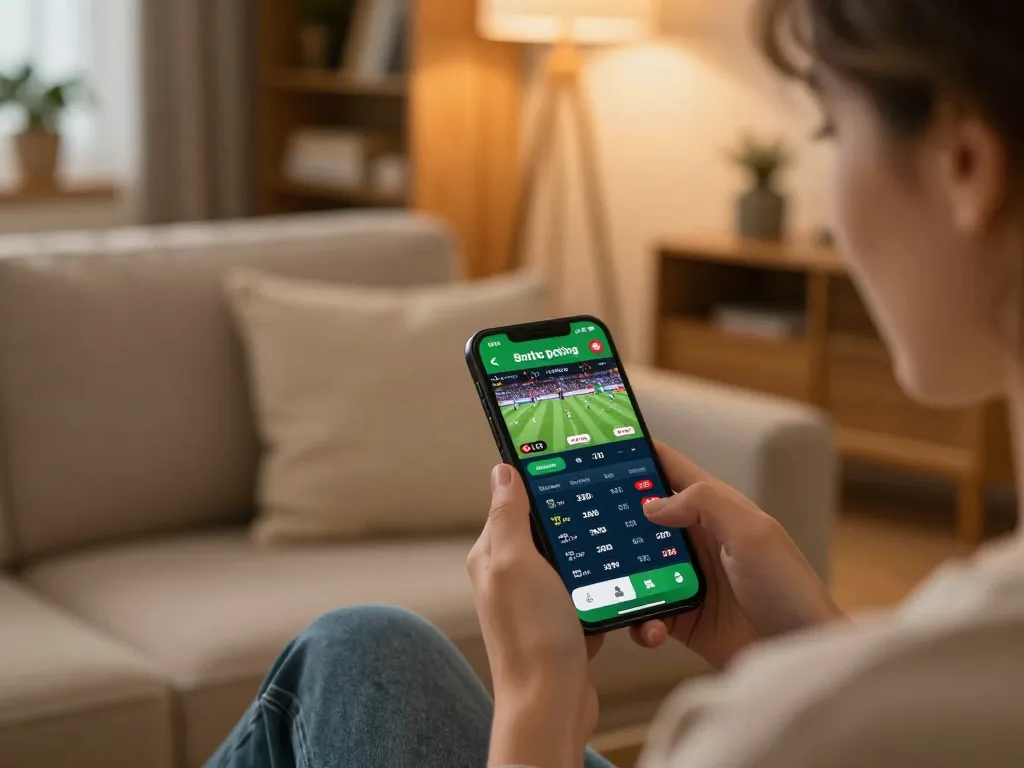 Betting on sports with tylekeonhacai88 app in a cozy home environment, capturing deep engagement in responsible gambling