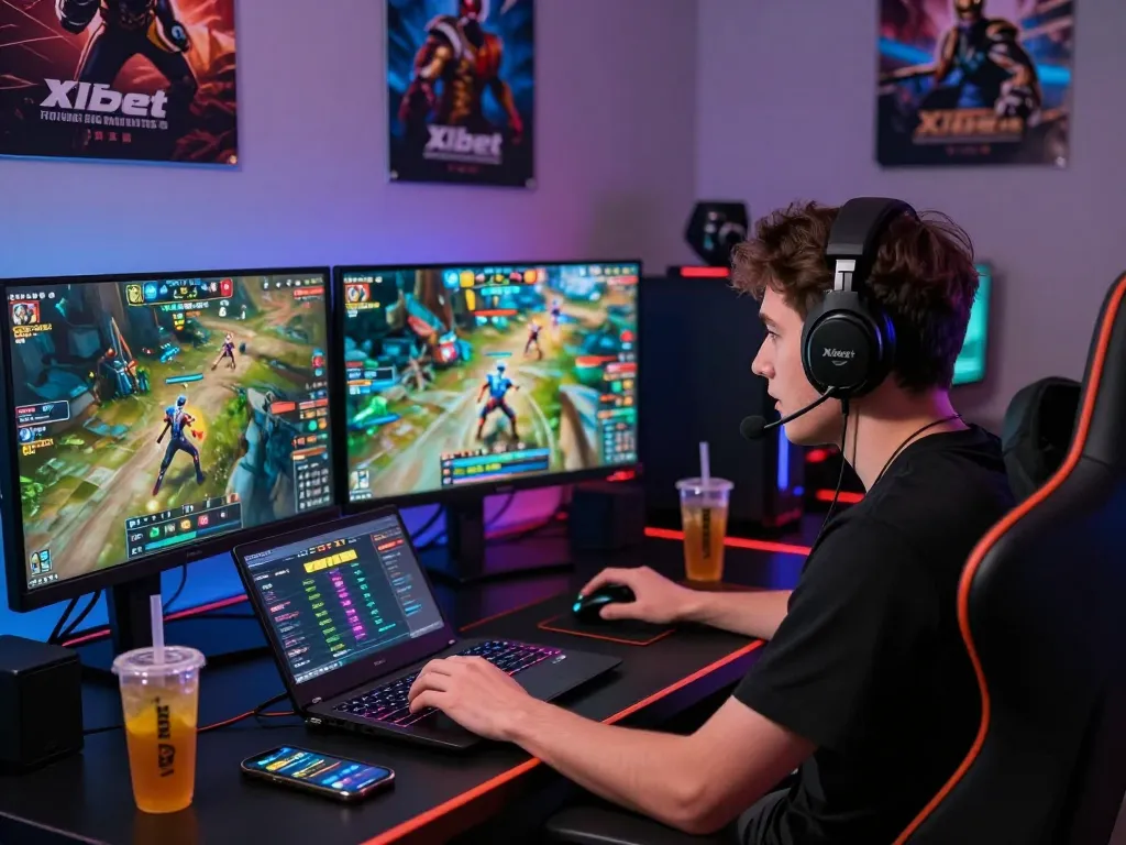 An engaged gamer at their desk using https://xibet.cam/ with dual monitors displaying dynamic online games and betting options in an energetic setting.