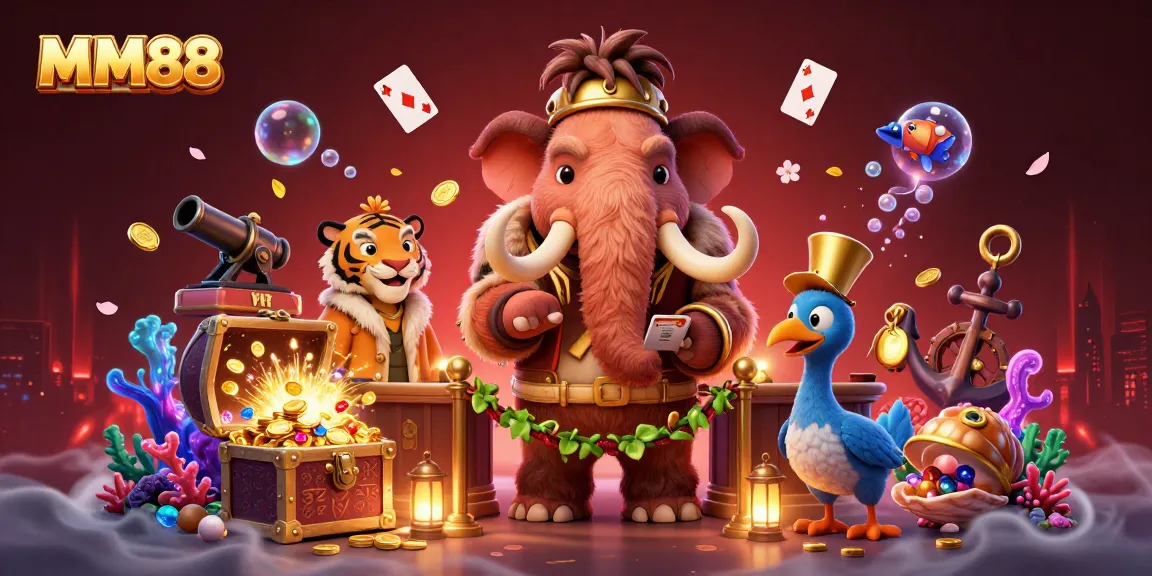 Experience the excitement of MM88 with a vibrant illustration featuring casino characters and gaming elements.