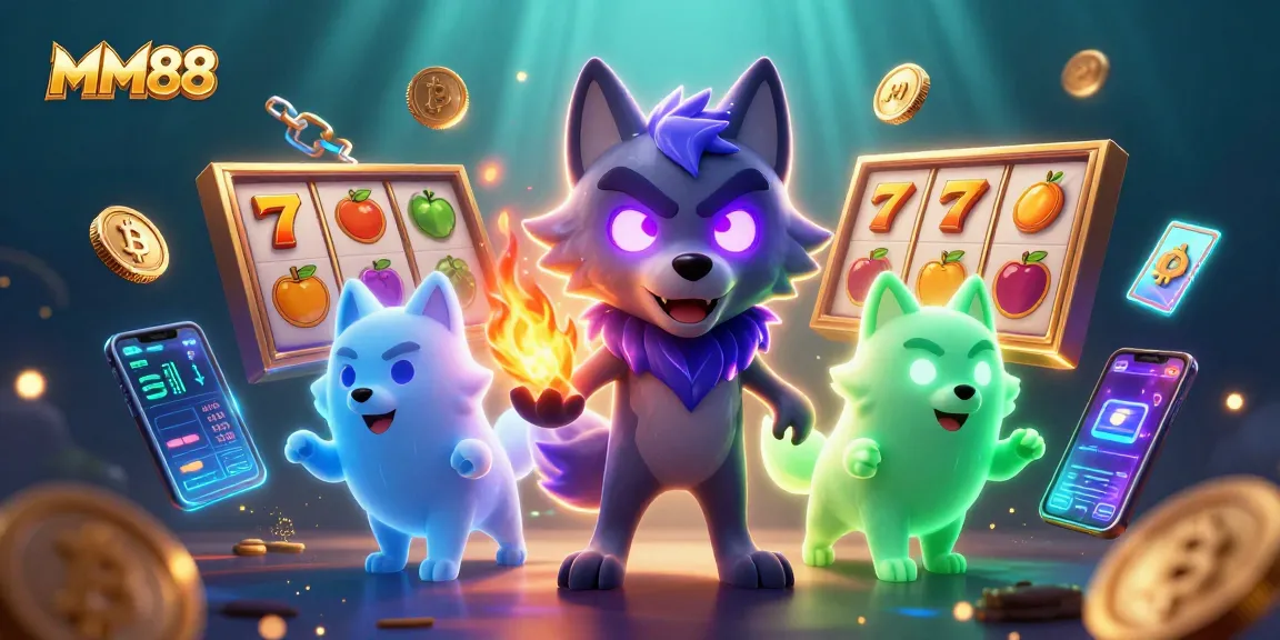 Engage in thrilling games at MM88 with a dynamic illustration featuring slot reels and ghost wolves.