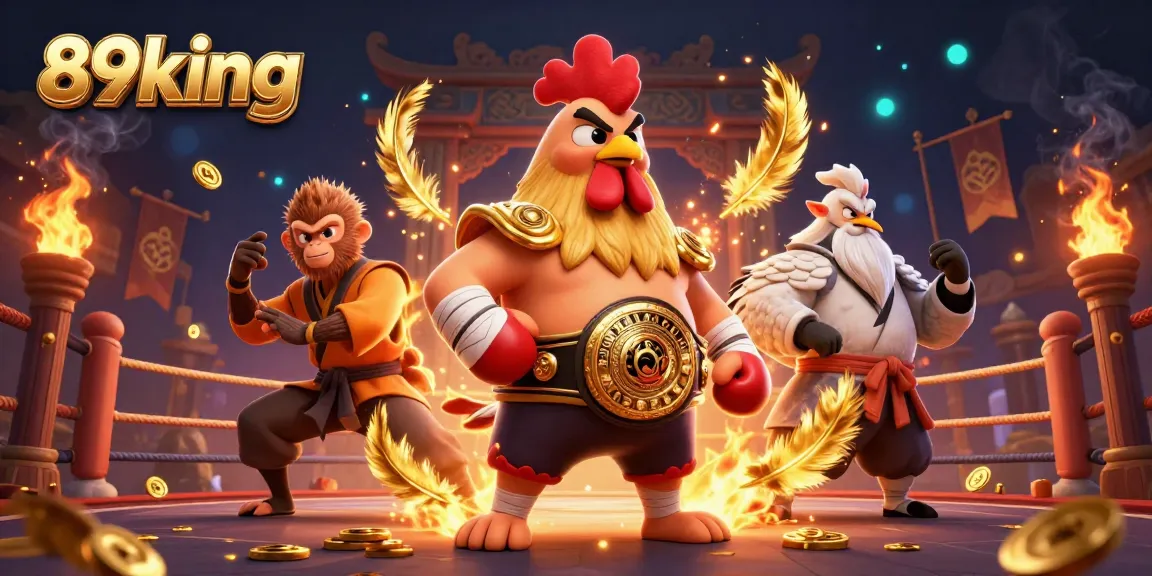 Join the action with 89king in a vibrant casino arena filled with animated characters and betting symbols.