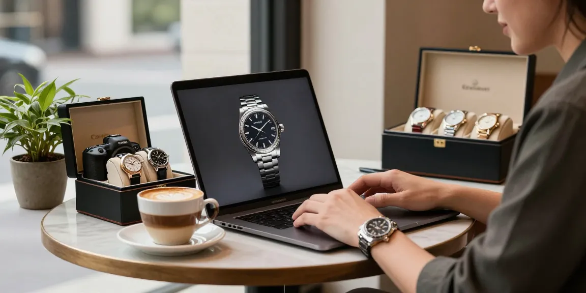 A person enjoying a coffee while exploring luxury replica watches online, highlighting elegance and craftsmanship.