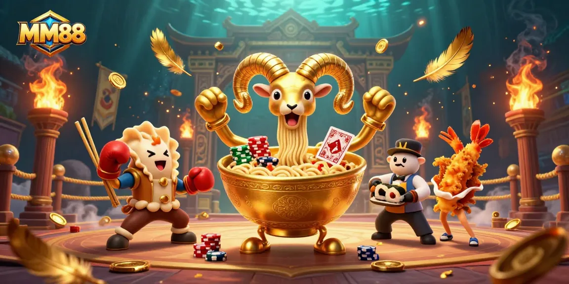 Experience fun and excitement with MM88 as an animated ramen bowl dealer stacks chips and plays cards.