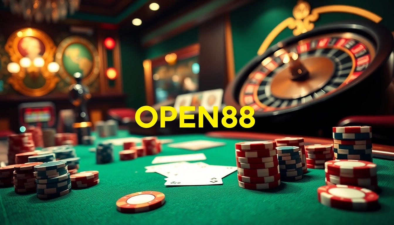 Experience the thrilling gameplay at OPEN88's luxurious casino tables with vibrant poker chips and cards.
