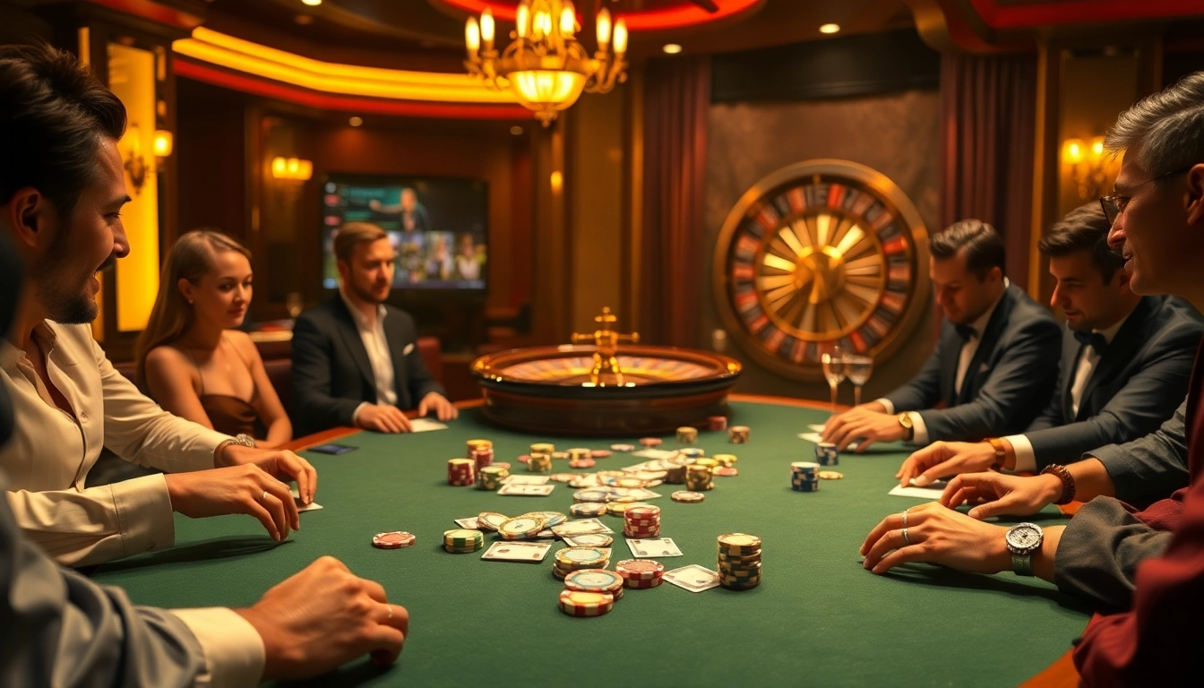 MM88 players engaging at a luxury poker table illuminated by vibrant lights.