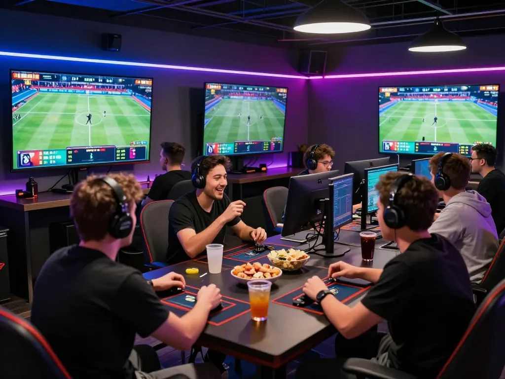 Dynamic betting scene with players engaging in bl555 online gaming, showcasing excitement and interaction in a modern gaming lounge.