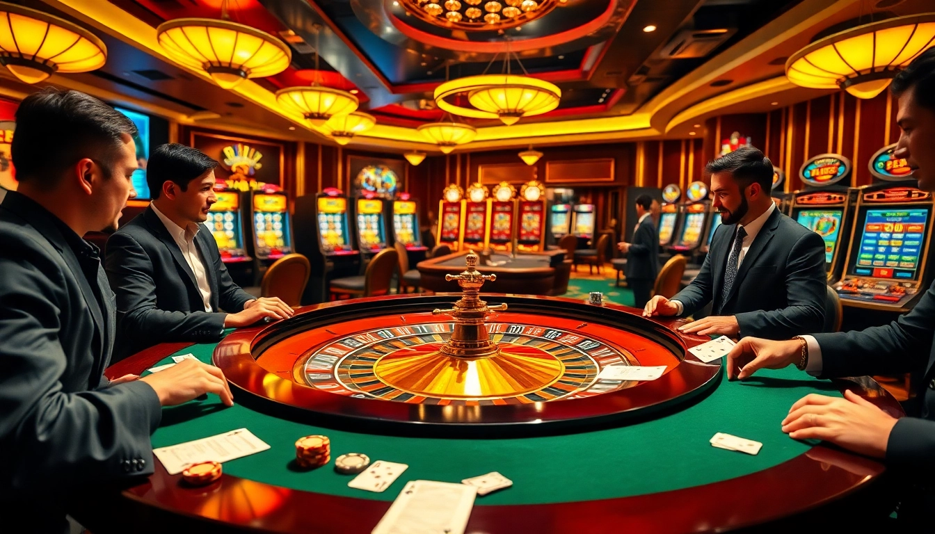 Experience thrilling gameplay at https://thabet1.net/ with excited players at a roulette table amidst vibrant casino decorations.
